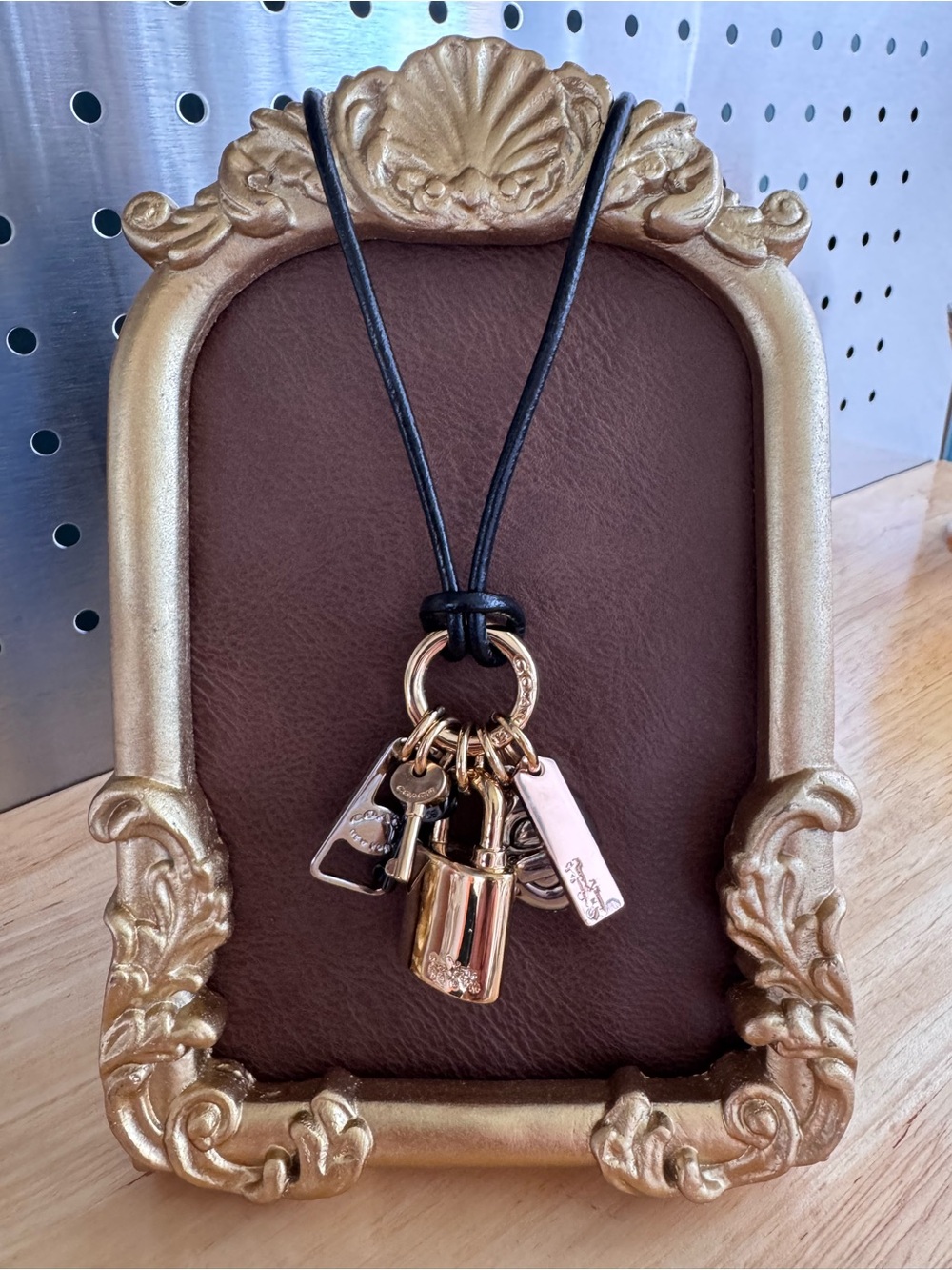Rare Retired Coach Lock, Key, Turn Lock & Zipper Charm Leather Necklace 35”